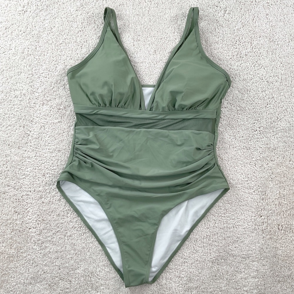 Olive Green Ruched One Piece Swimsuit Mesh Inset V-Neck Adjustable Straps XL